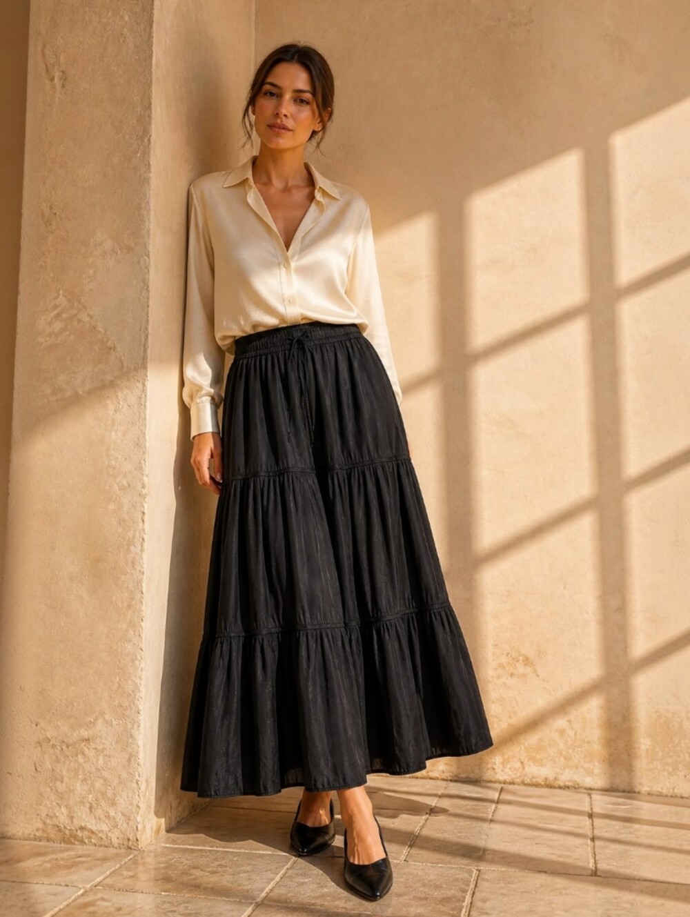 joie satin silky tiered maxi skirt black medium nwt